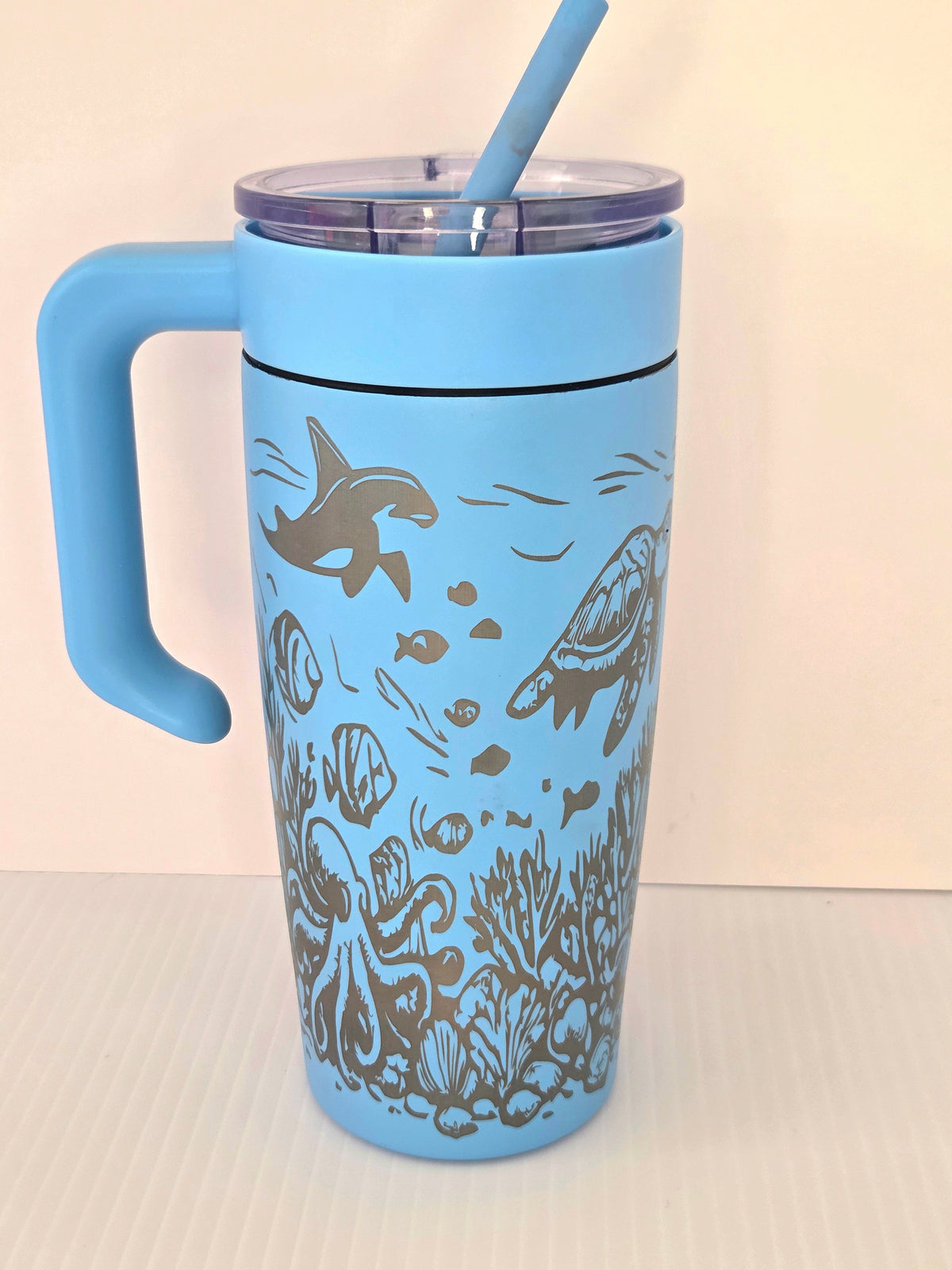 Custom engraved 30oz handled tumbler - orca and turtle design