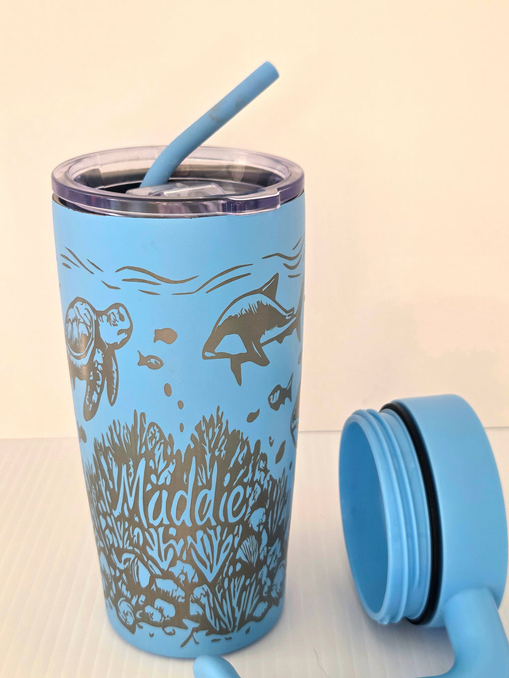 Custom engraved 30oz handled tumbler - shark design