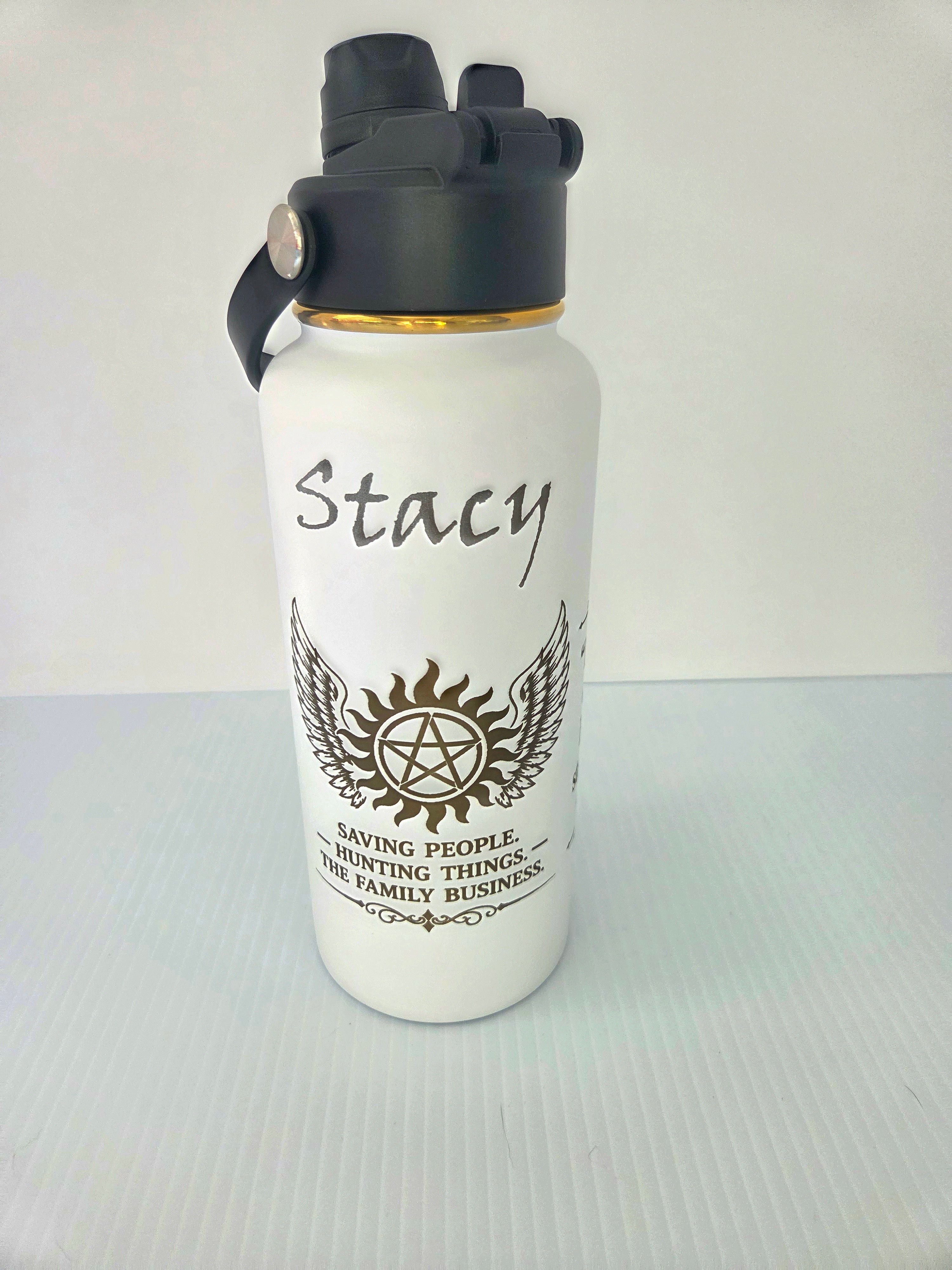 Custom engraved 32oz hydro bottle - front view with full wrap engraving