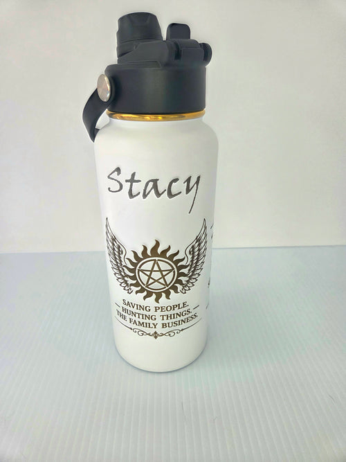 Custom engraved 32oz hydro bottle - front view with full wrap engraving