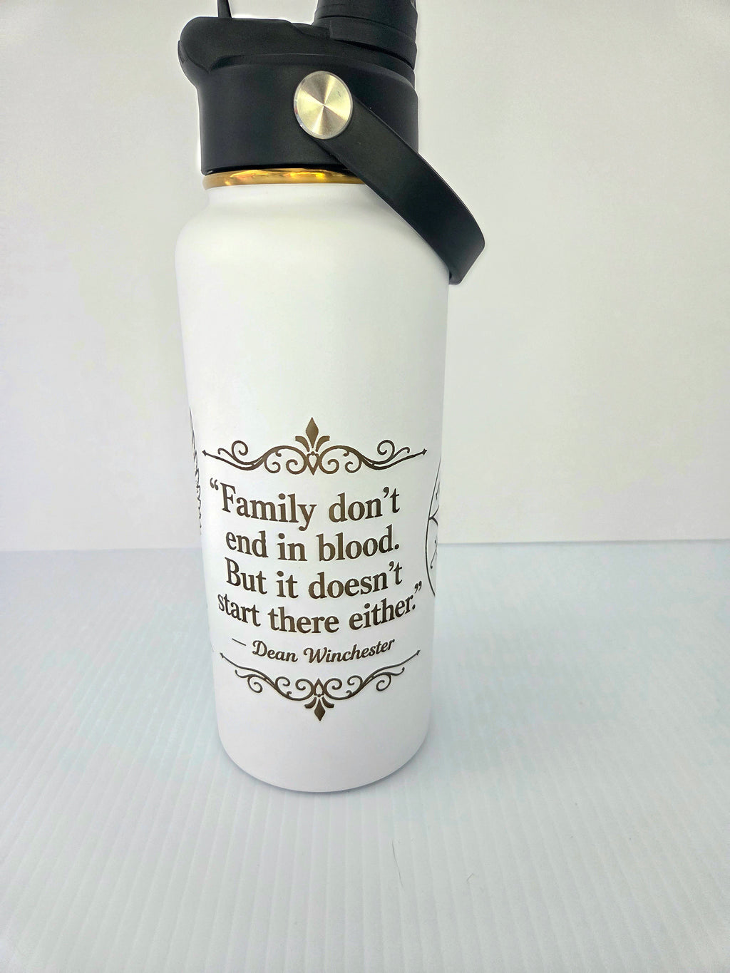 Custom engraved 32oz hydro bottle - side view with Supernatural themed full wrap