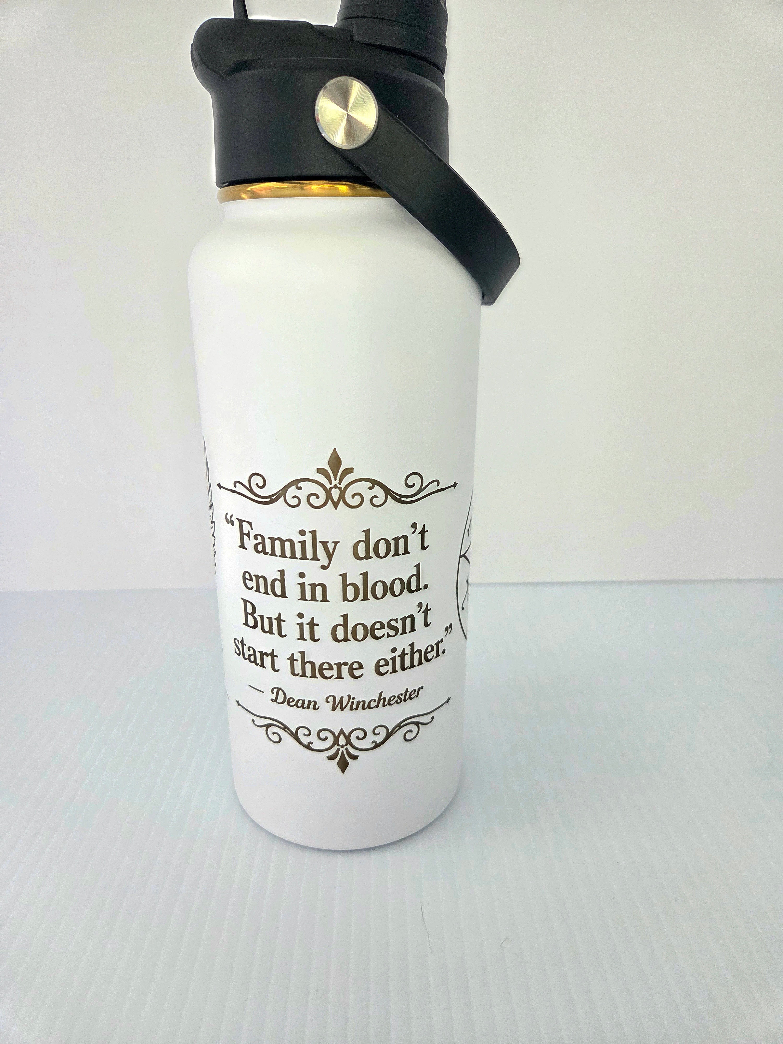 Custom engraved 32oz hydro bottle - side view with Supernatural themed full wrap