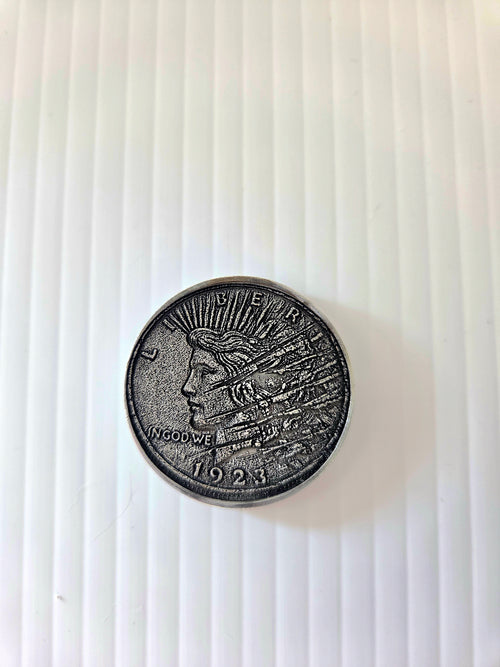 Custom engraved coin - front view, dark finish